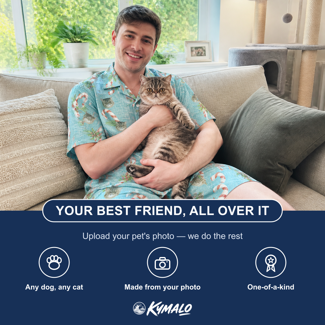 Friends in matching Men's Cane Carousel Custom Cat Face Shirt & Shorts Set — a group gift photo