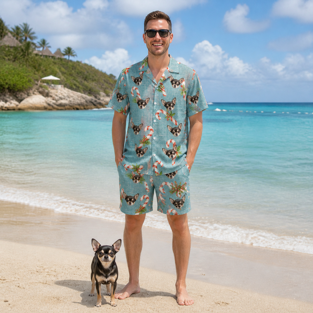 Full-length photo with the pet printed all over this Men's Cane Carousel Custom Dog Face Shirt & Shorts Set