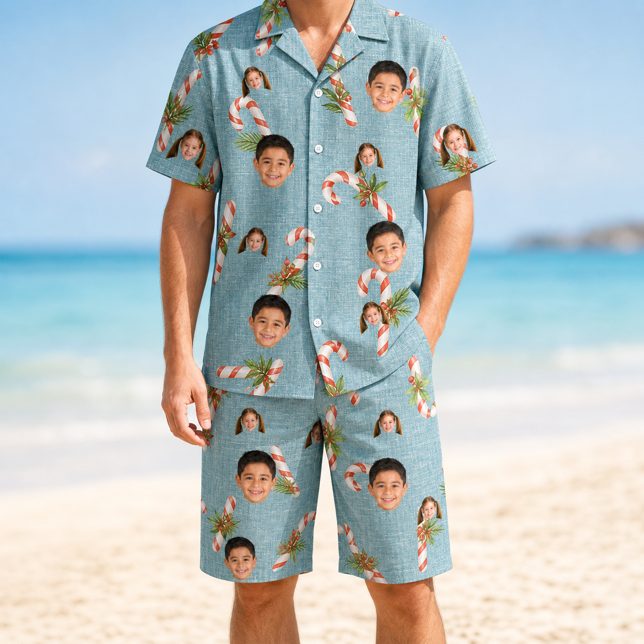 Model wearing Men's Cane Carousel Custom Face Shirt & Shorts Set printed with kids' faces
