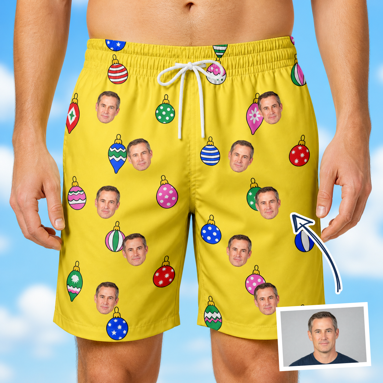 Man wearing Men's Tree Trinkets Custom Face Beach Shorts — custom faces printed all-over