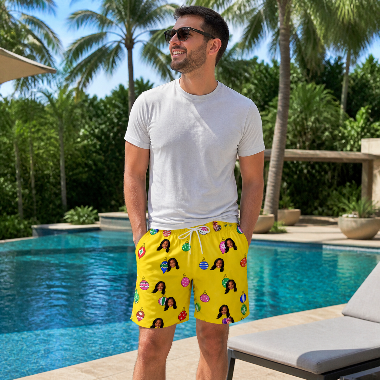 Real-life photo of someone wearing Men's Tree Trinkets Custom Face Beach Shorts — custom faces printed all-over