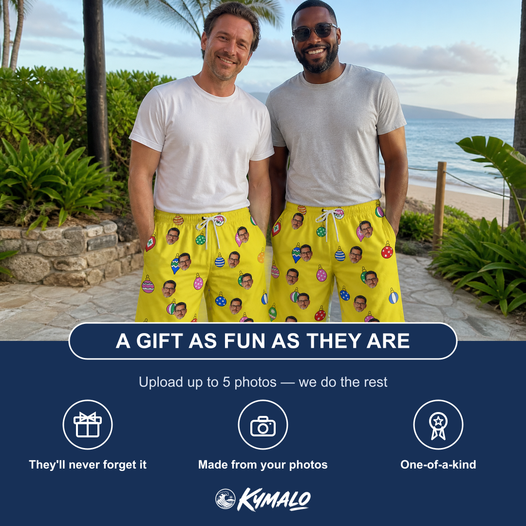 Friends in matching Men's Tree Trinkets Custom Face Beach Shorts — a group gift photo