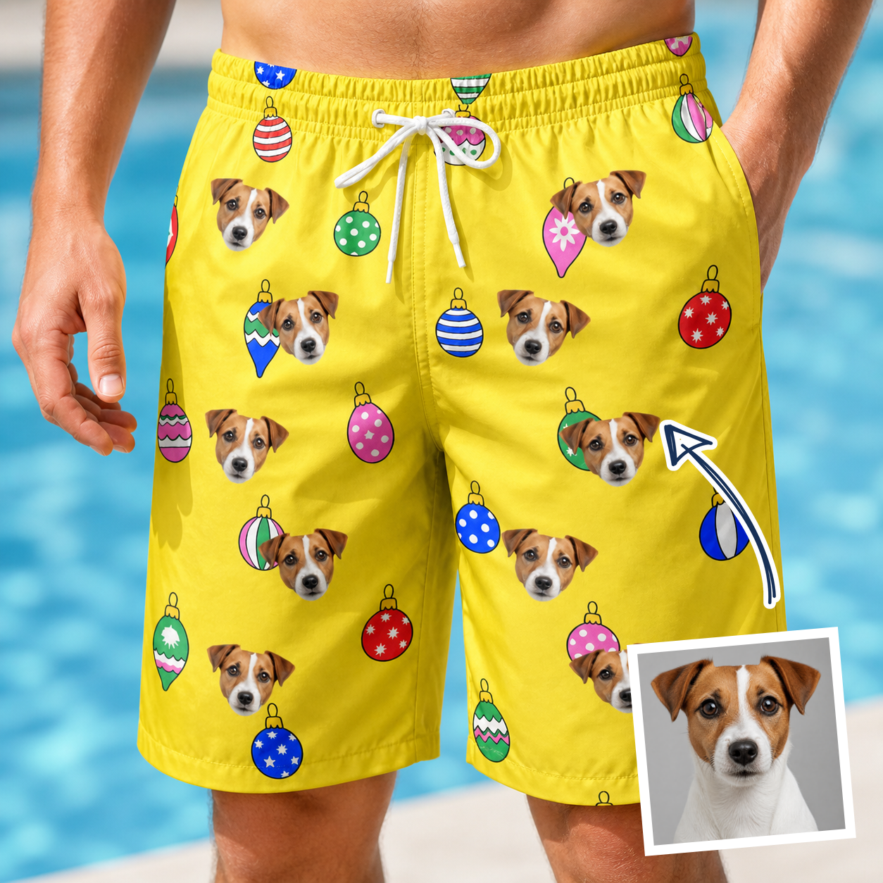 Man wearing Men's Tree Trinkets Custom Dog Face Beach Shorts — custom faces printed all-over