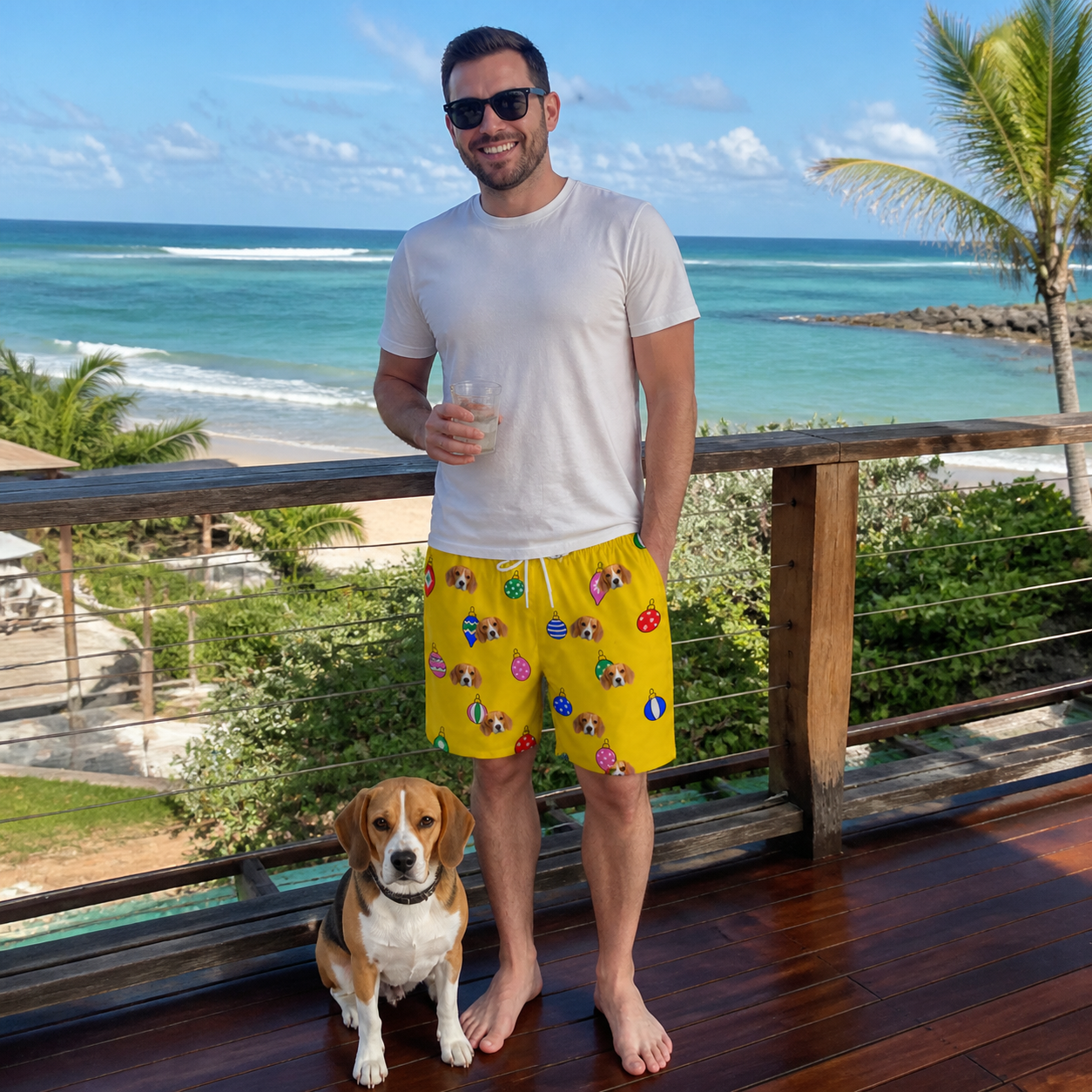 Full-length photo with the pet printed all over this Men's Tree Trinkets Custom Dog Face Beach Shorts