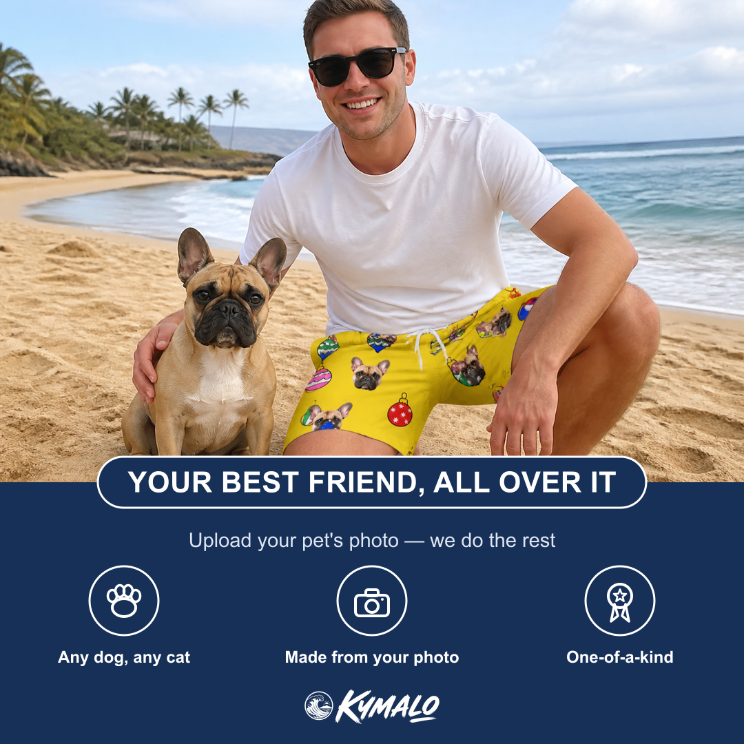 Friends in matching Men's Tree Trinkets Custom Dog Face Beach Shorts — a group gift photo