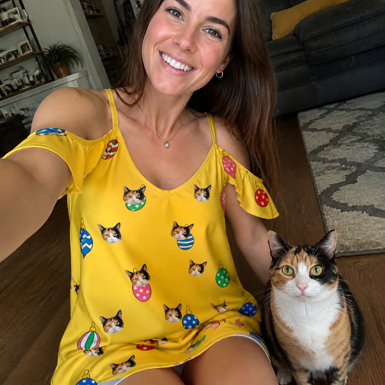 Selfie with the pet whose face is printed all over this Women's Tree Trinkets Custom Cat Face Off-Shoulder Dress