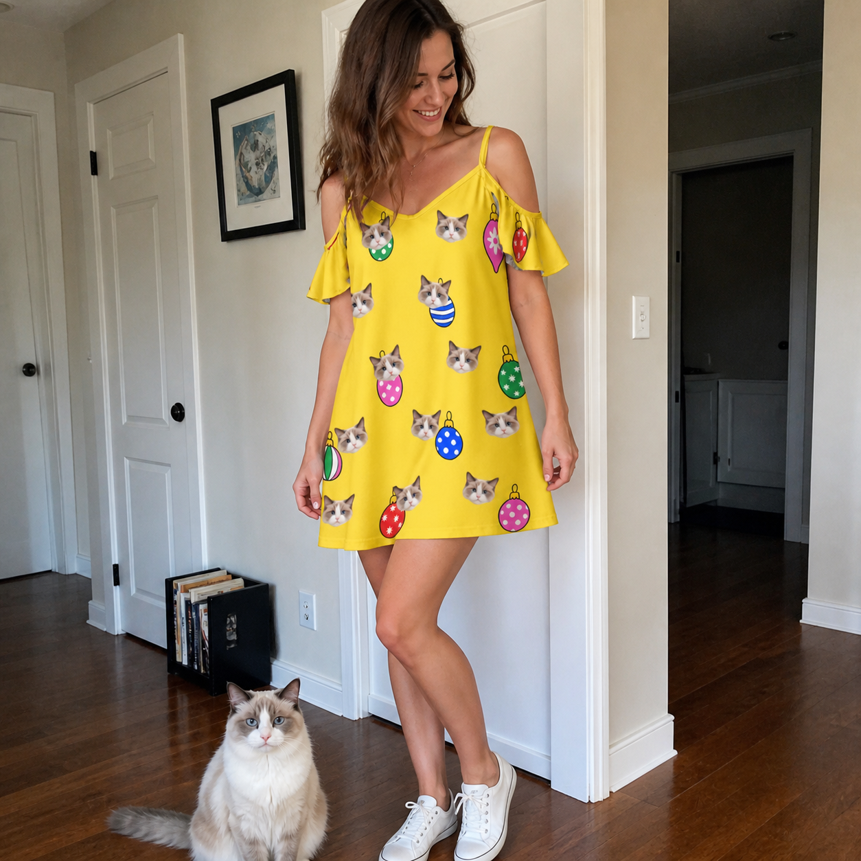Full-length photo with the pet printed all over this Women's Tree Trinkets Custom Cat Face Off-Shoulder Dress