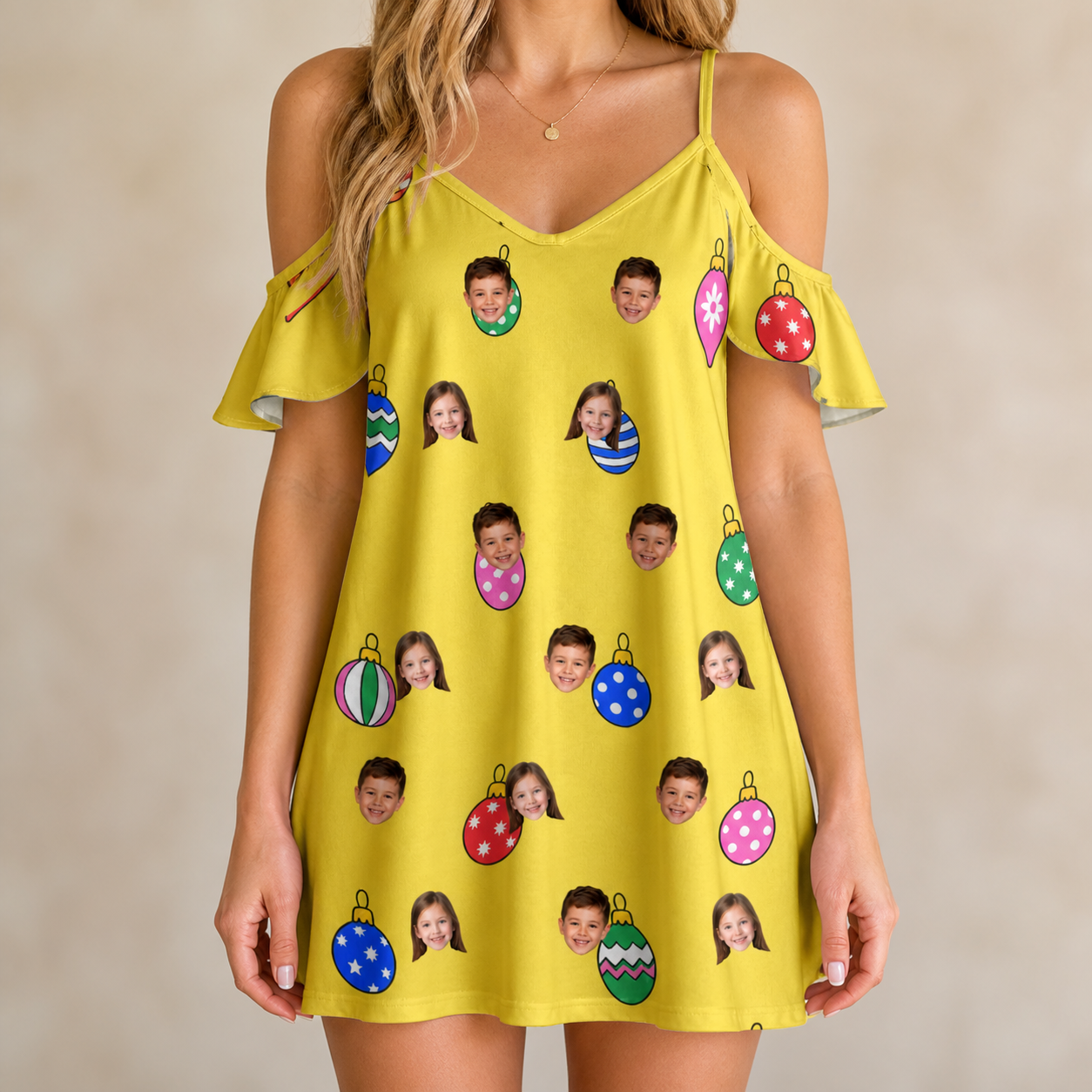 Model wearing Women's Tree Trinkets Custom Face Off-Shoulder Dress printed with kids' faces