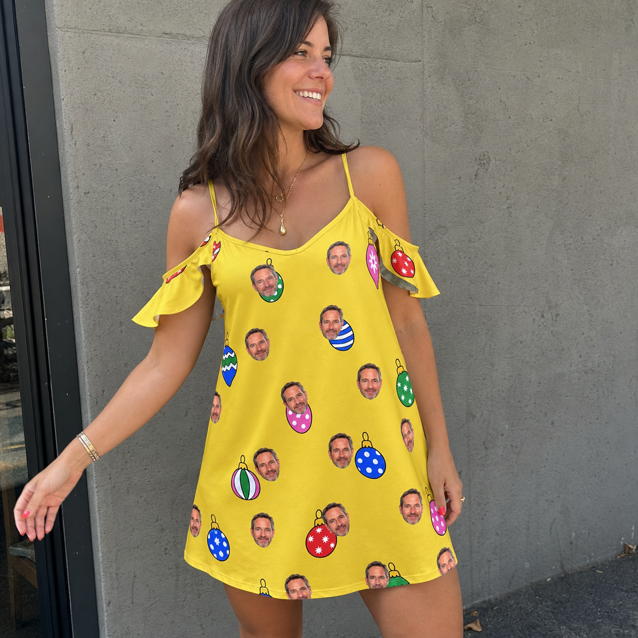 Real-life photo of someone wearing Women's Tree Trinkets Custom Face Off-Shoulder Dress — custom faces printed all-over