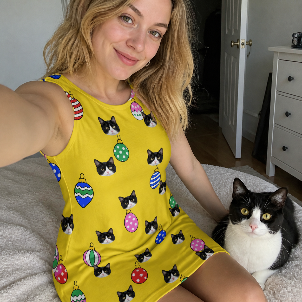 Selfie with the pet whose face is printed all over this Women's Tree Trinkets Custom Cat Face Tank Dress