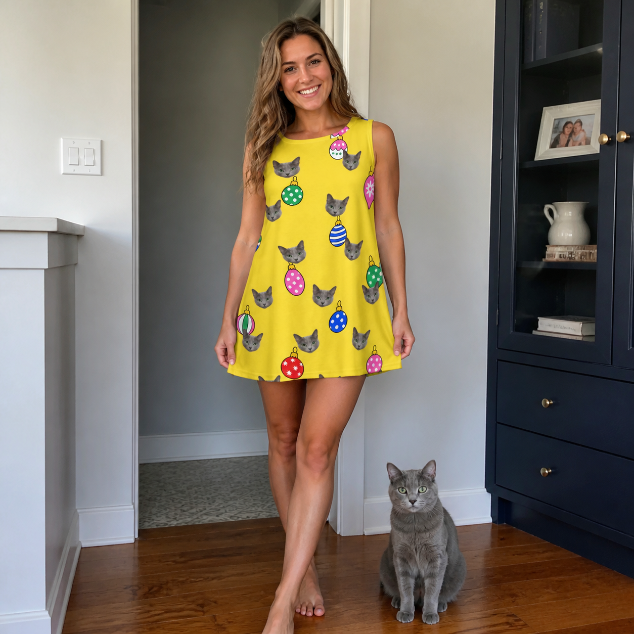 Full-length photo with the pet printed all over this Women's Tree Trinkets Custom Cat Face Tank Dress