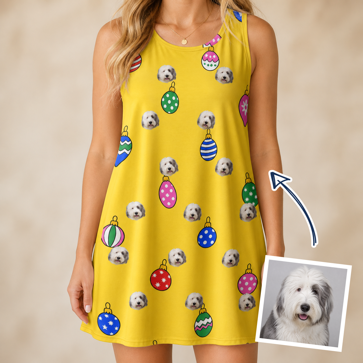 Woman wearing Women's Tree Trinkets Custom Dog Face Tank Dress — custom faces printed all-over