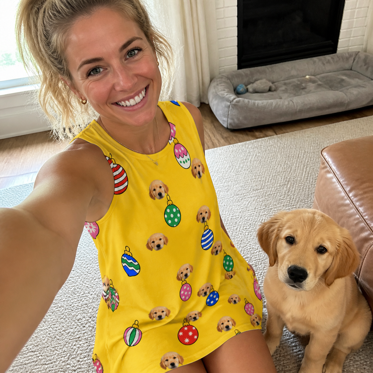 Selfie with the pet whose face is printed all over this Women's Tree Trinkets Custom Dog Face Tank Dress