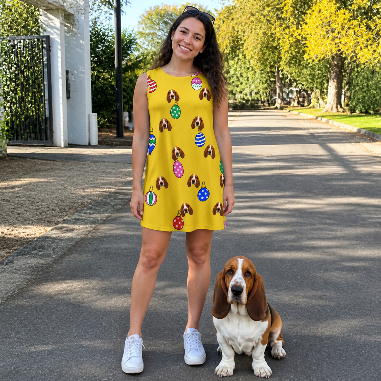 Full-length photo with the pet printed all over this Women's Tree Trinkets Custom Dog Face Tank Dress