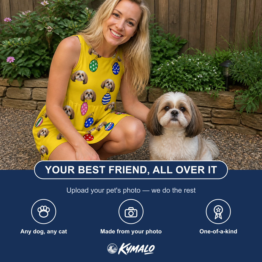Friends in matching Women's Tree Trinkets Custom Dog Face Tank Dress — a group gift photo