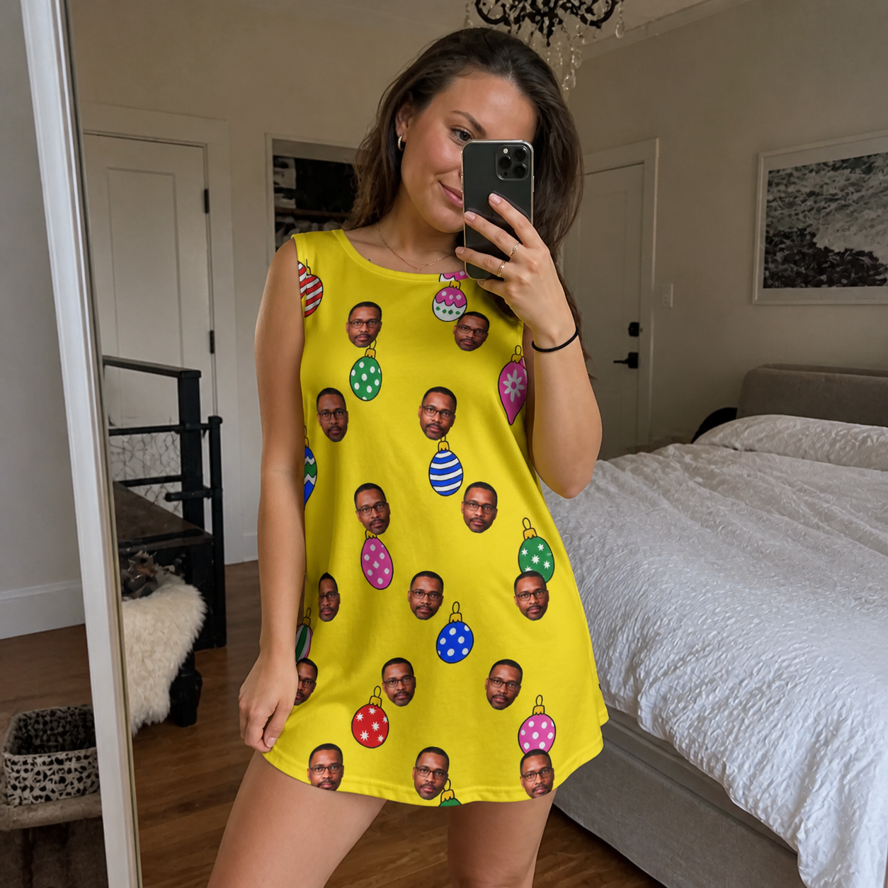 Real-life photo of someone wearing Women's Tree Trinkets Custom Face Tank Dress — custom faces printed all-over