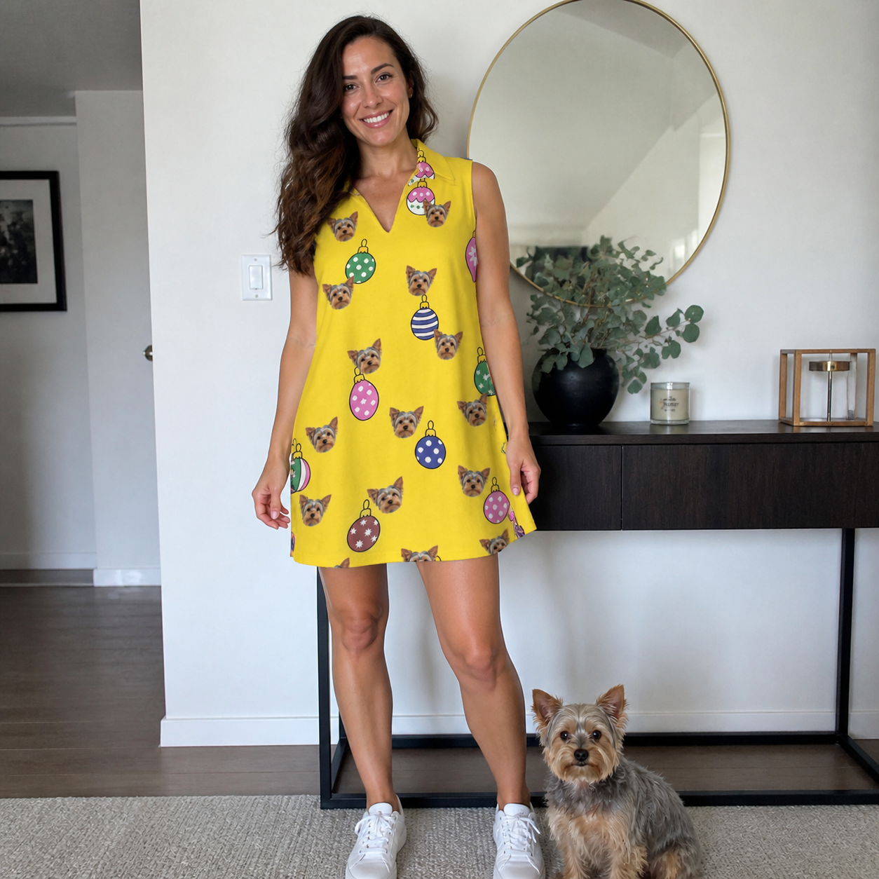 Full-length photo with the pet printed all over this Women's Tree Trinkets Custom Dog Face V-Neck Dress