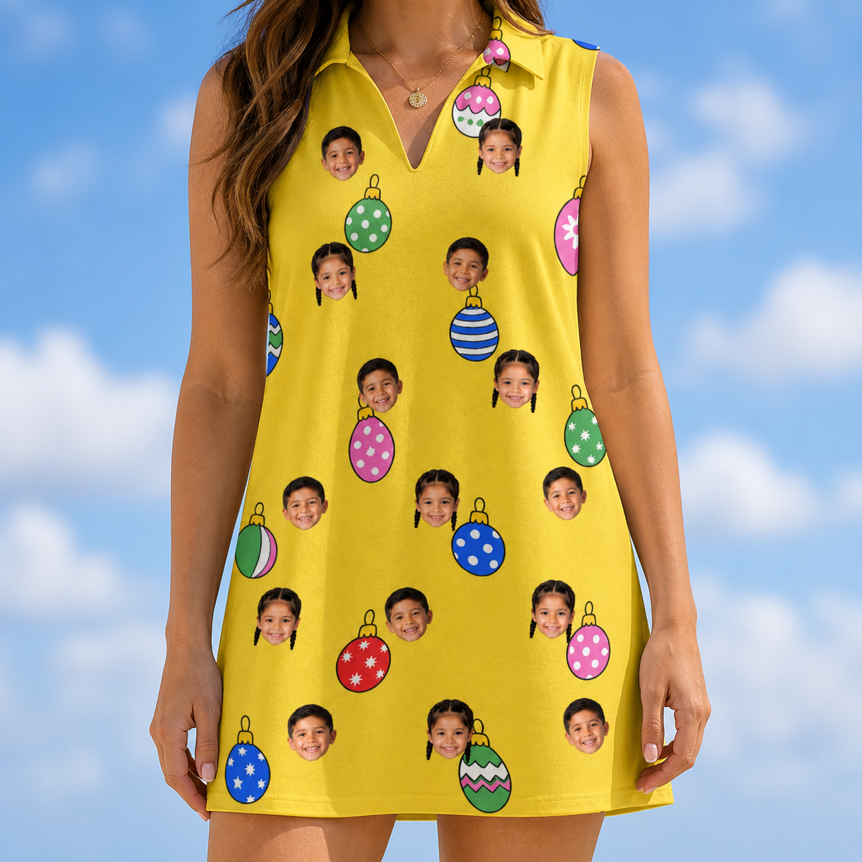 Model wearing Women's Tree Trinkets Custom Face V-Neck Dress printed with kids' faces