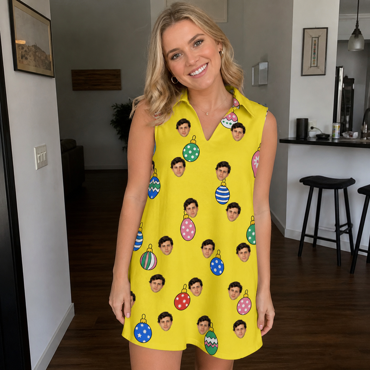 Real-life photo of someone wearing Women's Tree Trinkets Custom Face V-Neck Dress — custom faces printed all-over