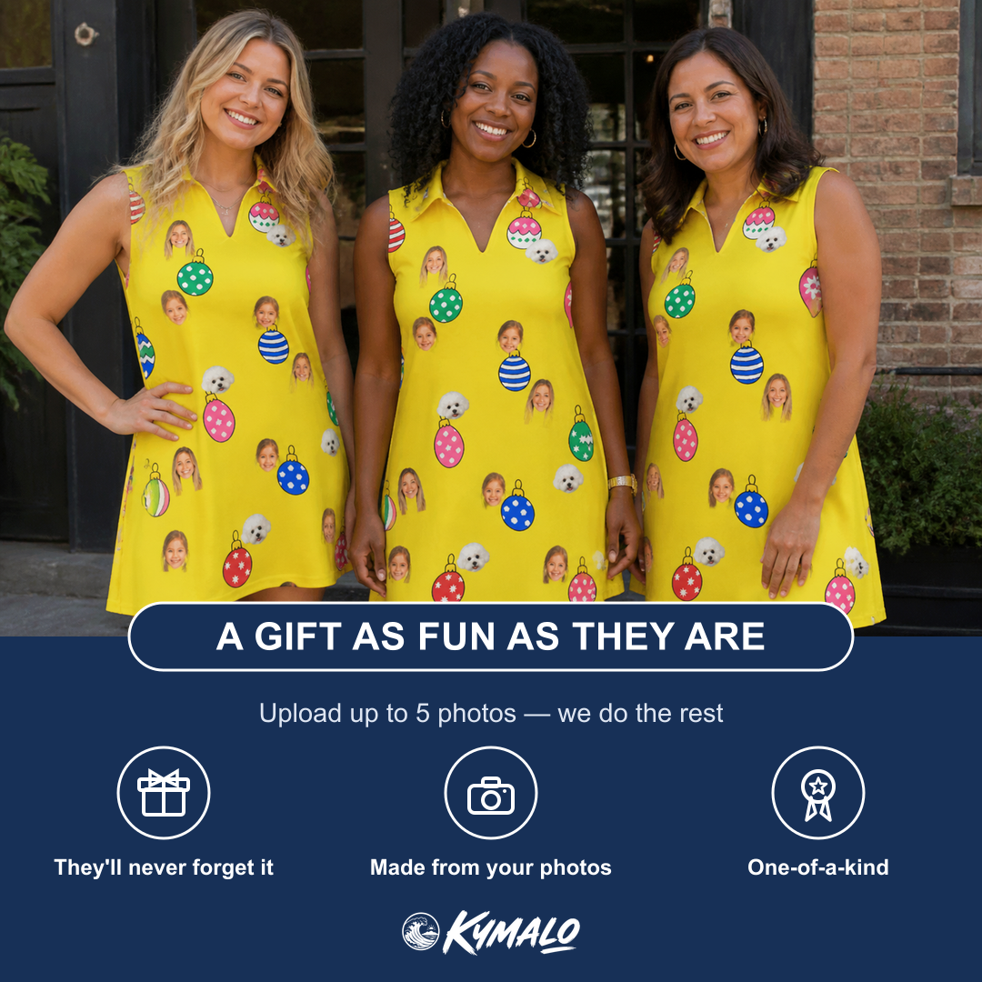 Friends in matching Women's Tree Trinkets Custom Face V-Neck Dress — a group gift photo