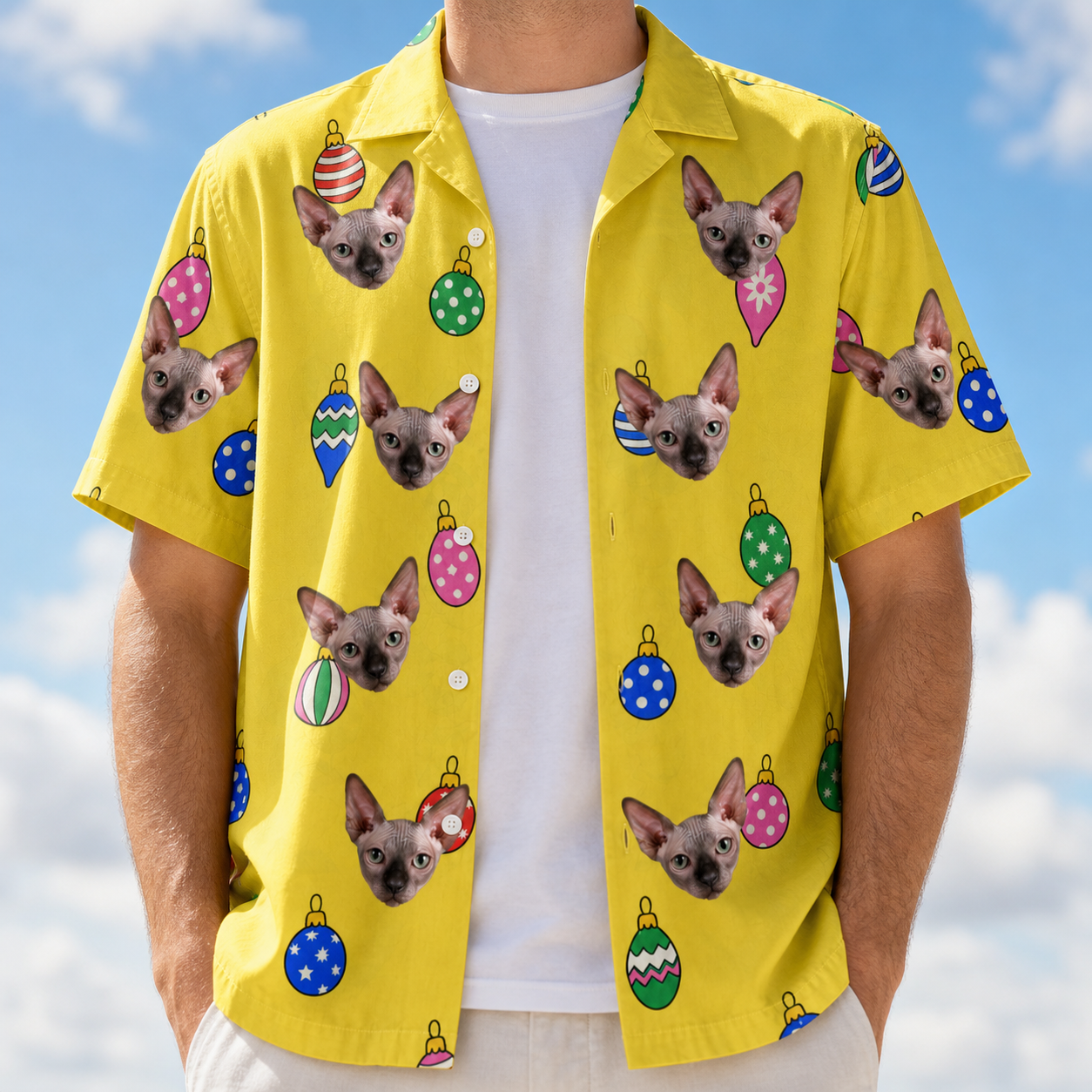 Man wearing Men's Tree Trinkets Custom Cat Face Hawaiian Shirt open over a white tee