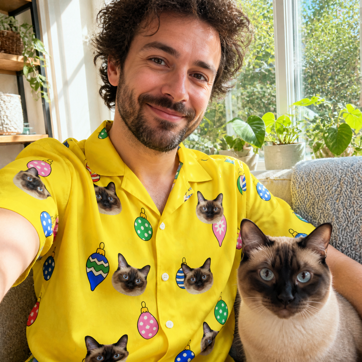 Selfie with the pet whose face is printed all over this Men's Tree Trinkets Custom Cat Face Hawaiian Shirt
