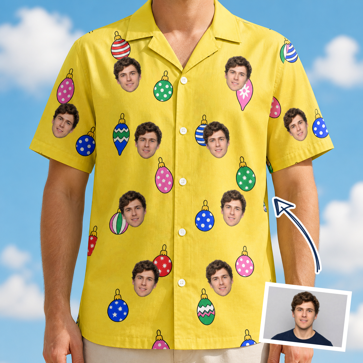 Man wearing Men's Tree Trinkets Custom Face Hawaiian Shirt — custom faces printed all-over
