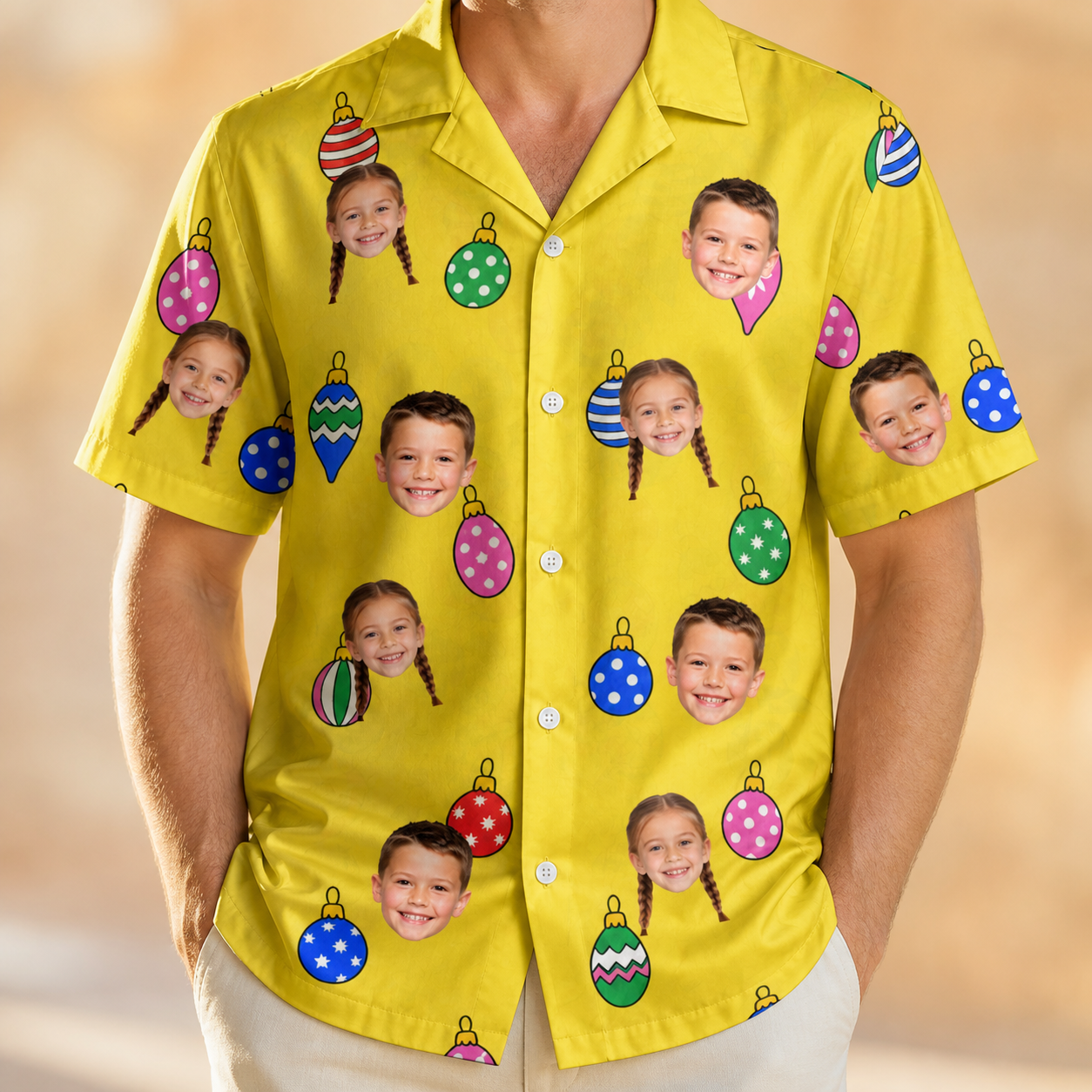 Model wearing Men's Tree Trinkets Custom Face Hawaiian Shirt printed with kids' faces