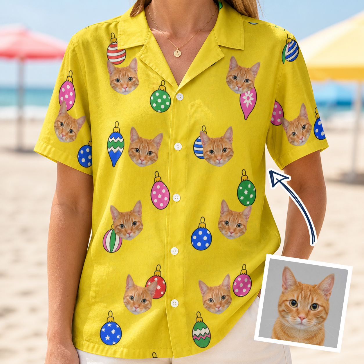 Woman wearing Women's Tree Trinkets Custom Cat Face Hawaiian Shirt — custom faces printed all-over