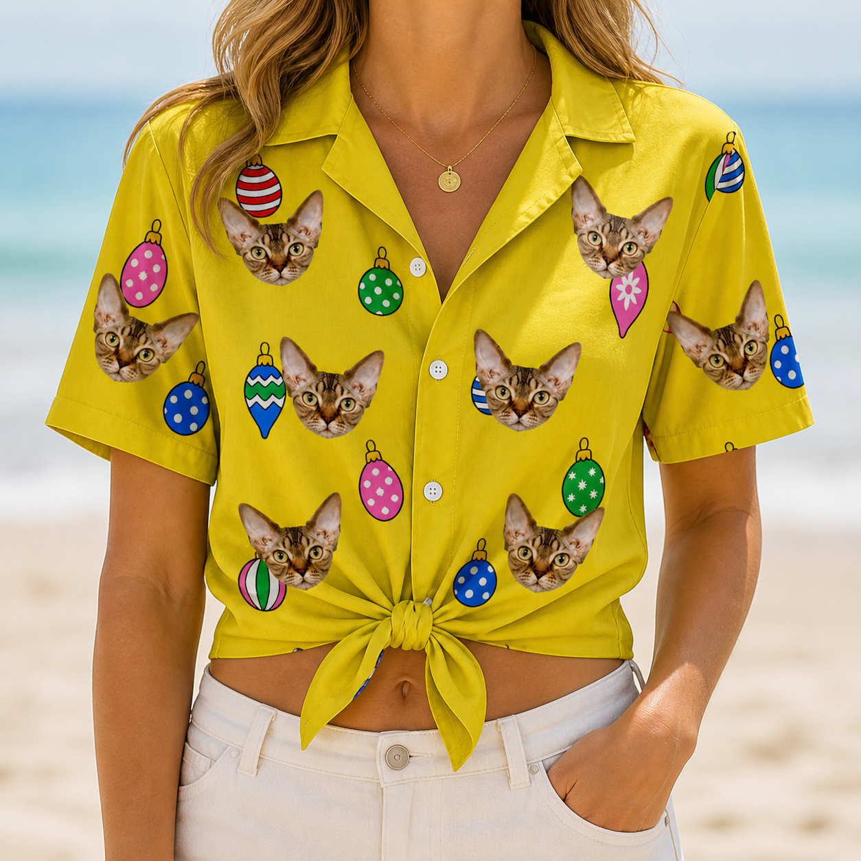 Woman wearing Women's Tree Trinkets Custom Cat Face Hawaiian Shirt tied at the waist