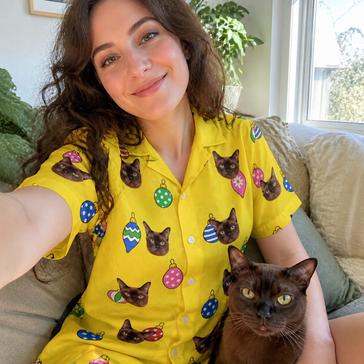 Selfie with the pet whose face is printed all over this Women's Tree Trinkets Custom Cat Face Hawaiian Shirt