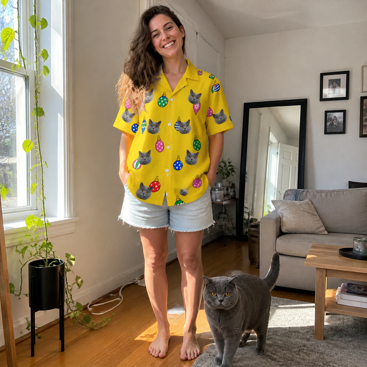 Full-length photo with the pet printed all over this Women's Tree Trinkets Custom Cat Face Hawaiian Shirt