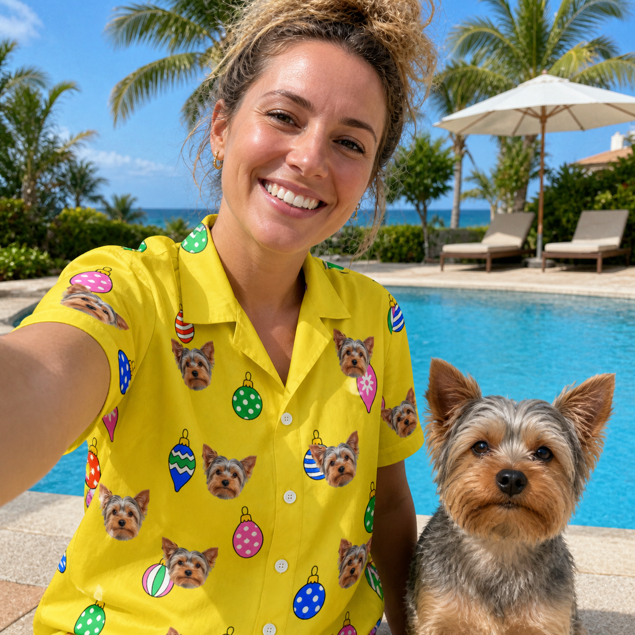 Selfie with the pet whose face is printed all over this Women's Tree Trinkets Custom Dog Face Hawaiian Shirt