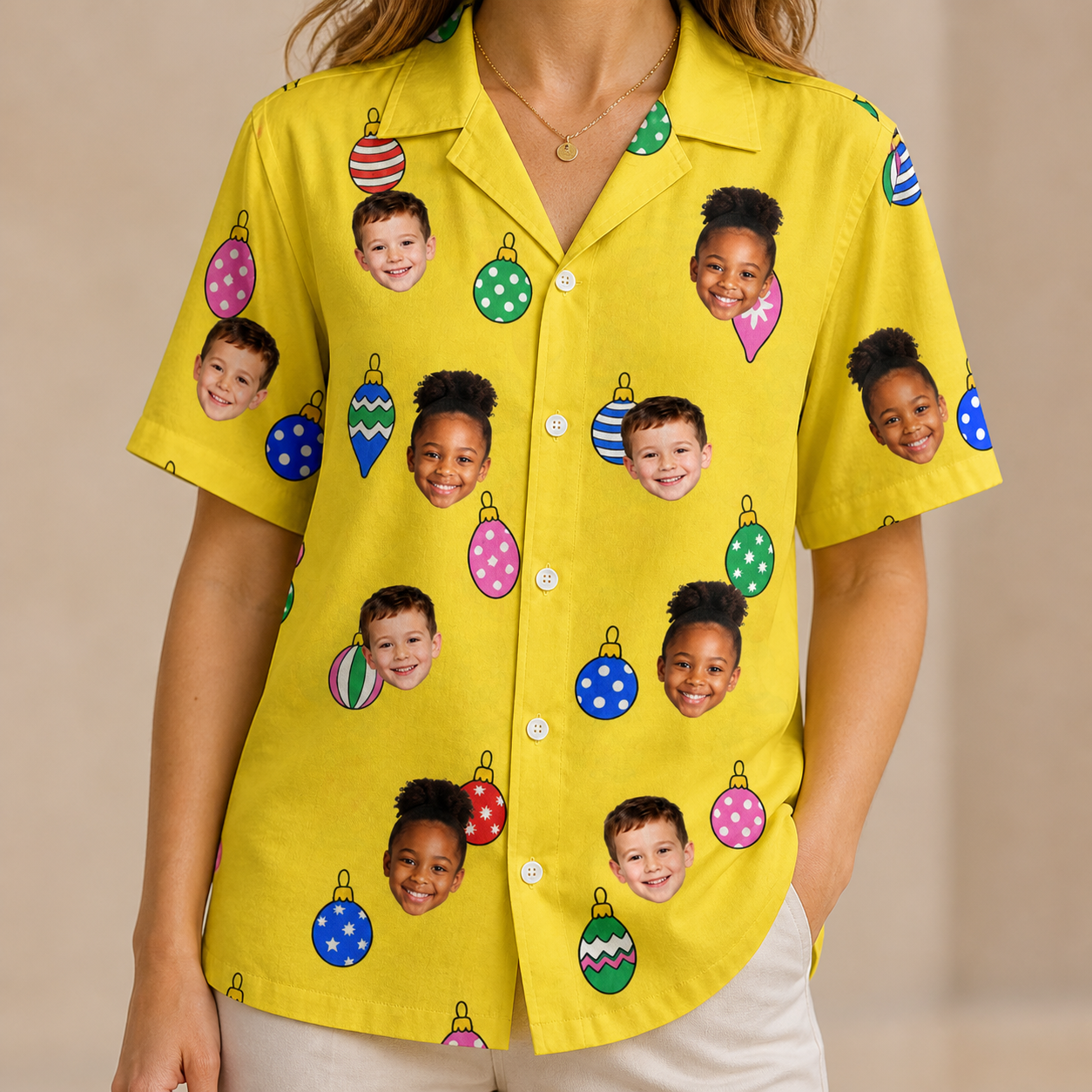 Model wearing Women's Tree Trinkets Custom Face Hawaiian Shirt printed with kids' faces