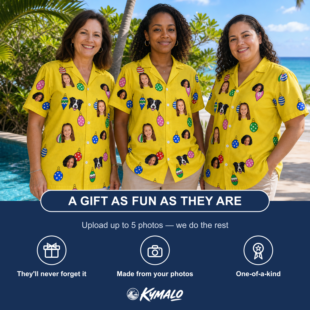 Friends in matching Women's Tree Trinkets Custom Face Hawaiian Shirt — a group gift photo