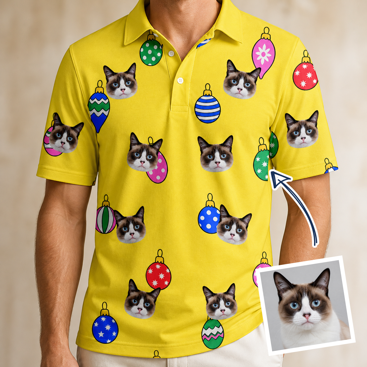 Man wearing Men's Tree Trinkets Custom Cat Face Polo Shirt — custom faces printed all-over