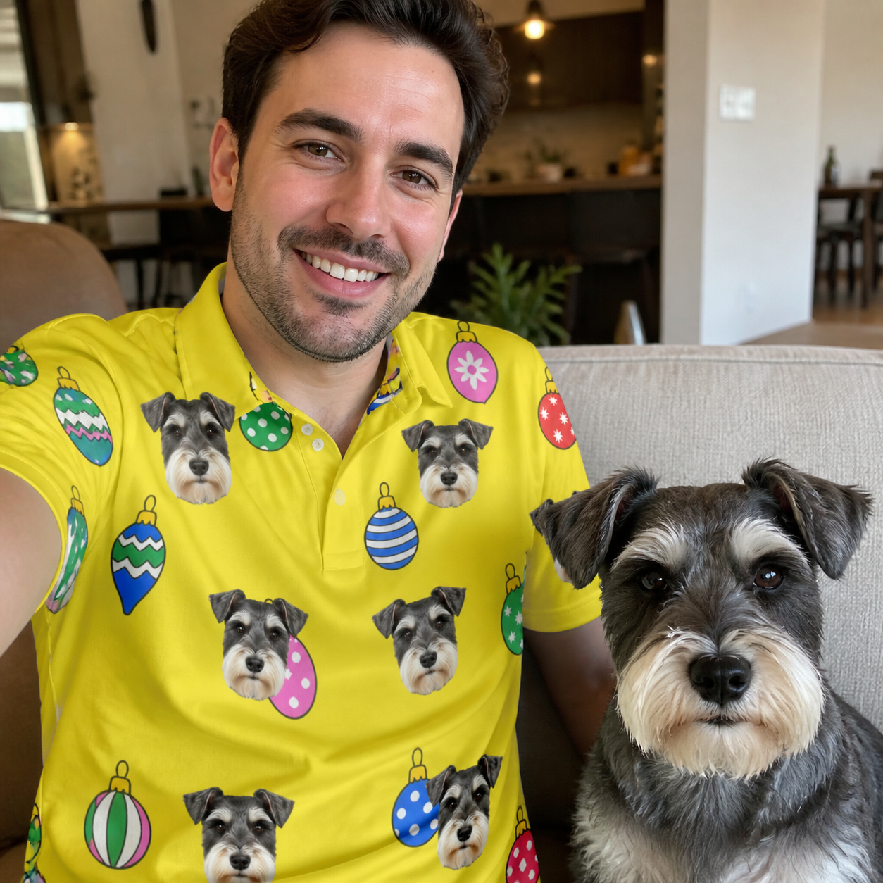 Selfie with the pet whose face is printed all over this Men's Tree Trinkets Custom Dog Face Polo Shirt