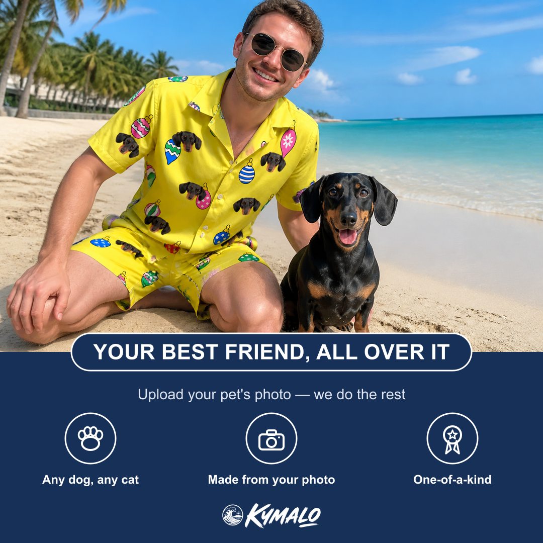 Friends in matching Men's Tree Trinkets Custom Dog Face Shirt & Shorts Set — a group gift photo