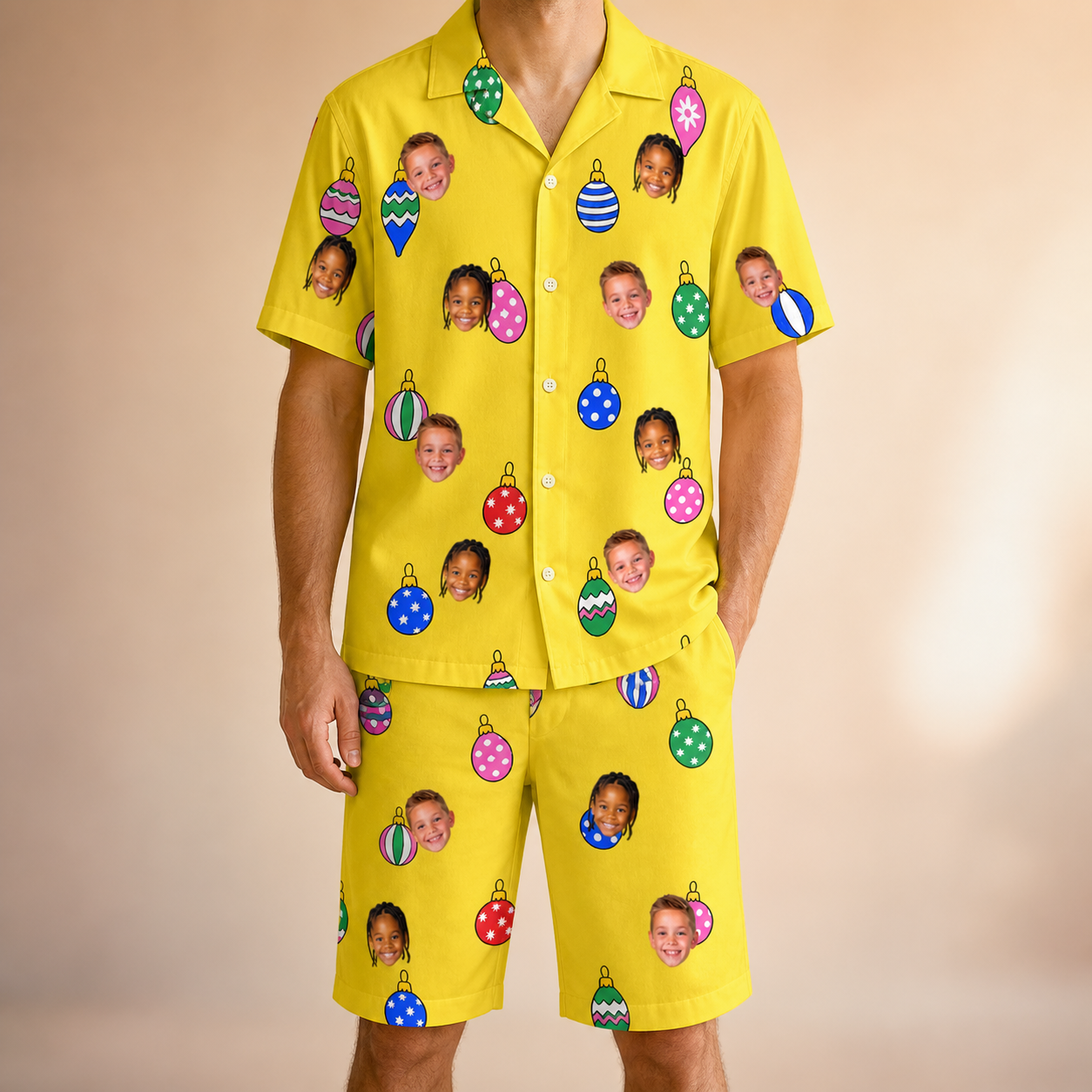 Model wearing Men's Tree Trinkets Custom Face Shirt & Shorts Set printed with kids' faces