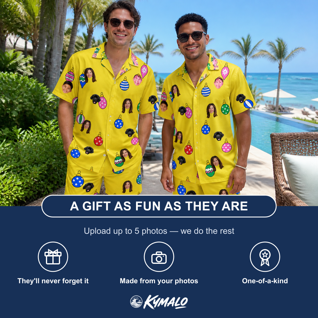 Friends in matching Men's Tree Trinkets Custom Face Shirt & Shorts Set — a group gift photo