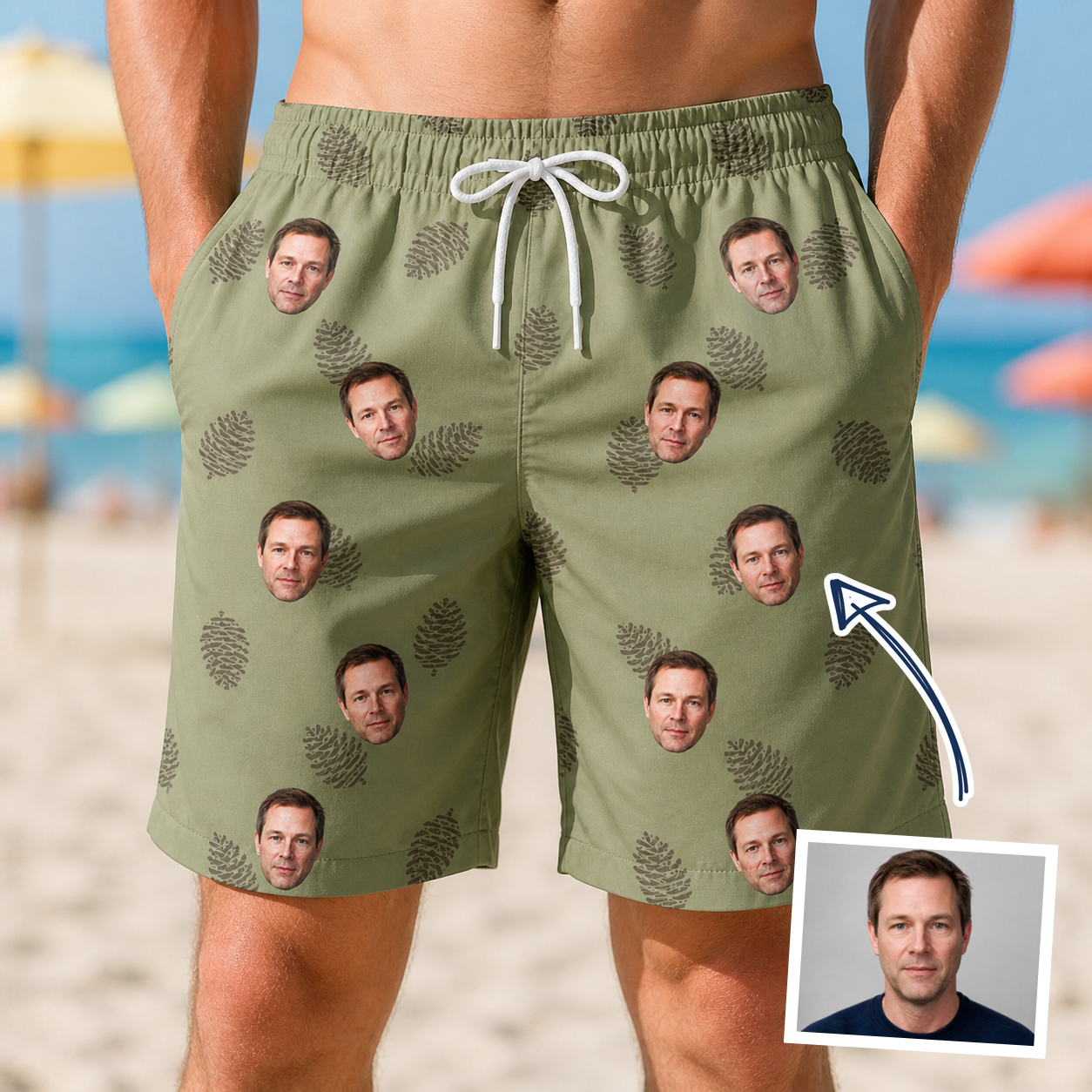 Man wearing Men's Cone Carolers Custom Face Beach Shorts — custom faces printed all-over