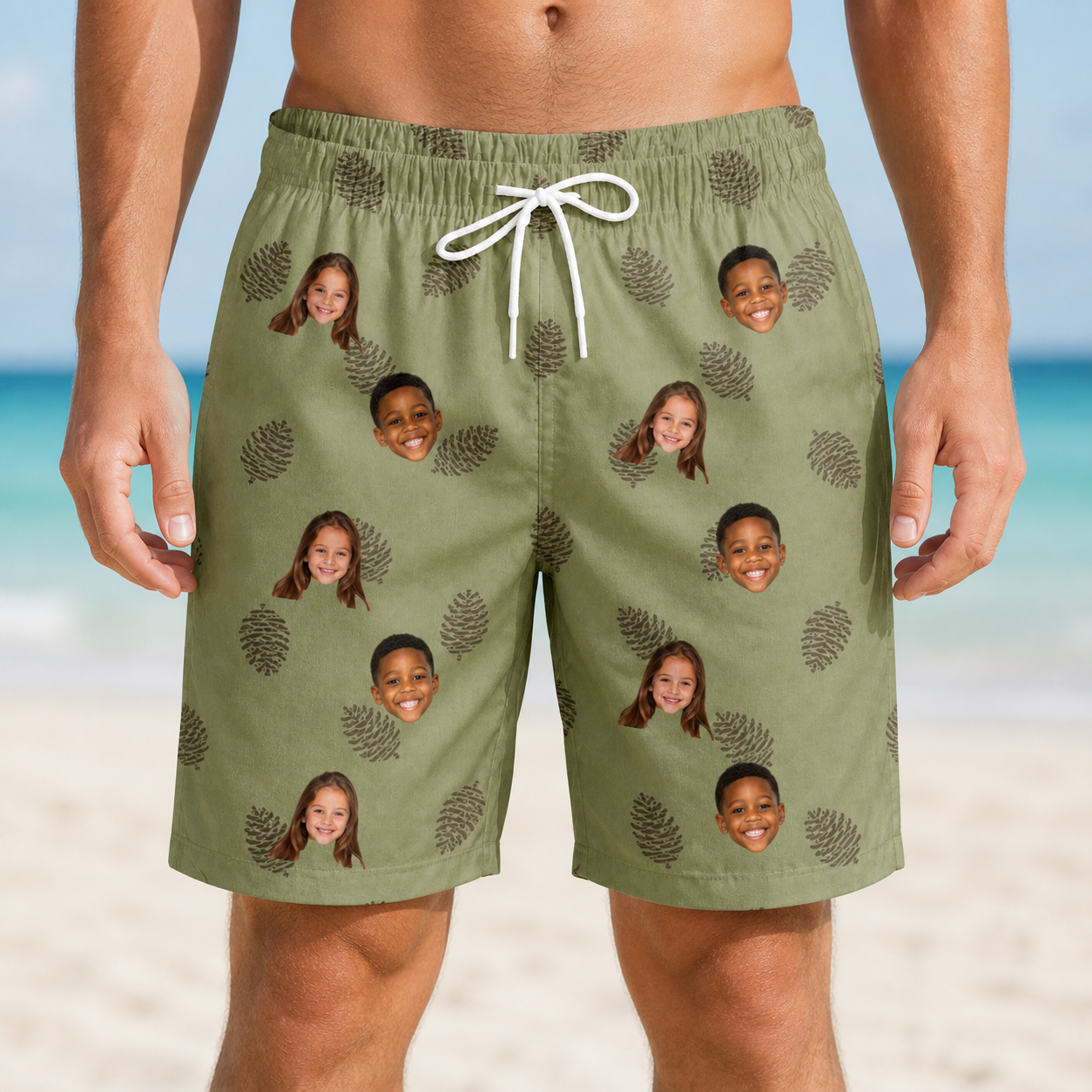 Model wearing Men's Cone Carolers Custom Face Beach Shorts printed with kids' faces