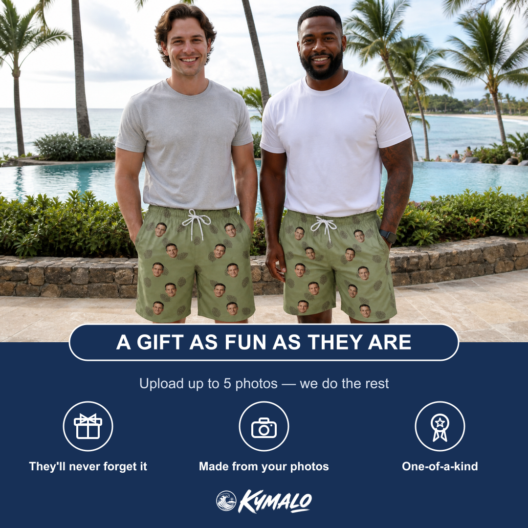 Friends in matching Men's Cone Carolers Custom Face Beach Shorts — a group gift photo