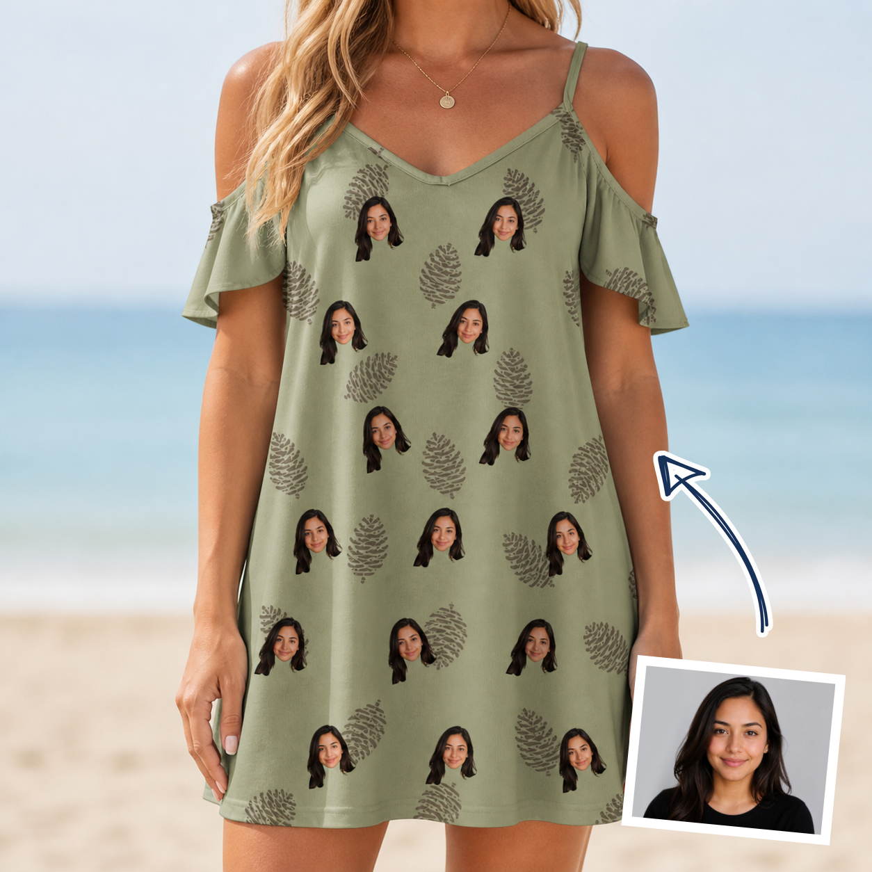 Woman wearing Women's Cone Carolers Custom Face Off-Shoulder Dress — custom faces printed all-over