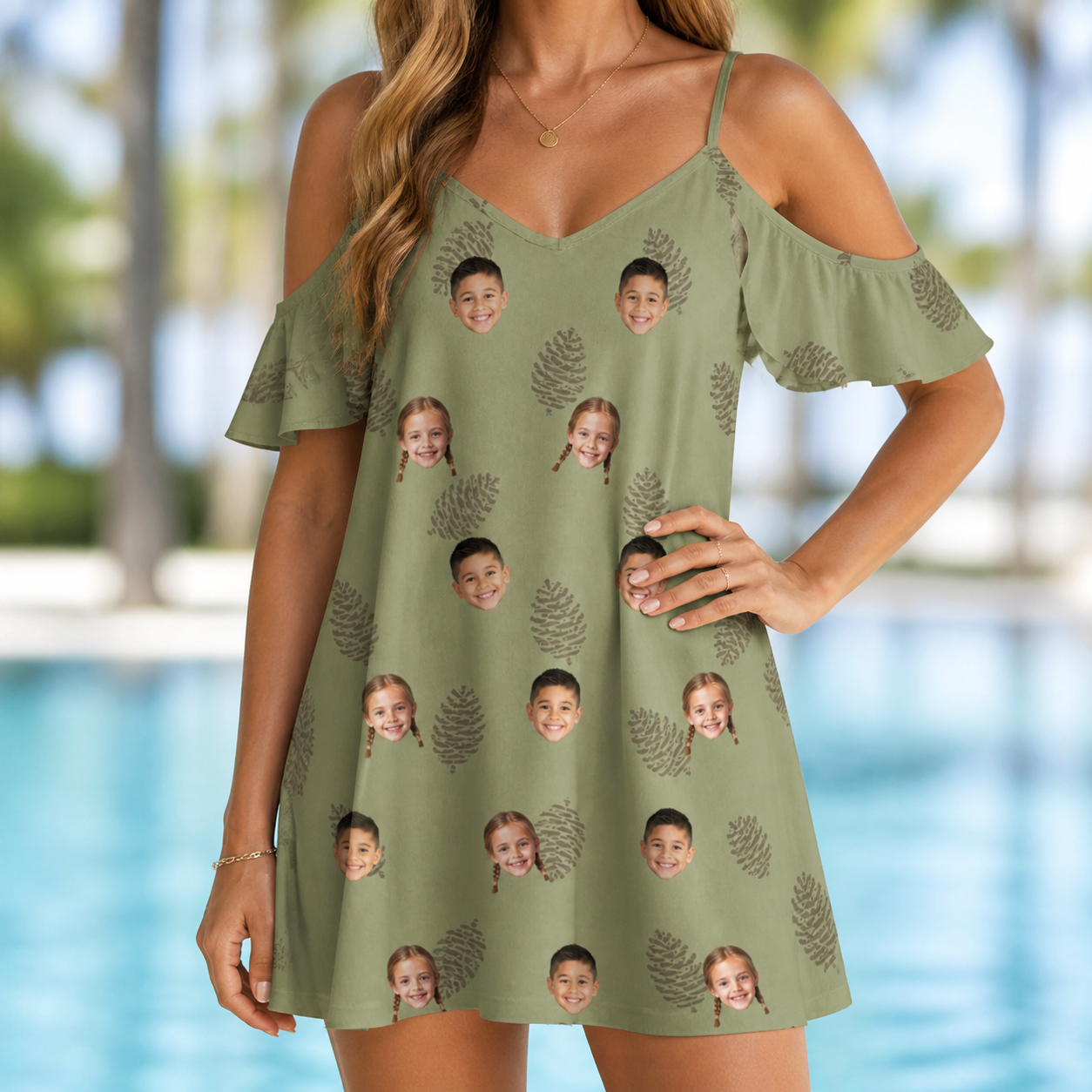 Model wearing Women's Cone Carolers Custom Face Off-Shoulder Dress printed with kids' faces