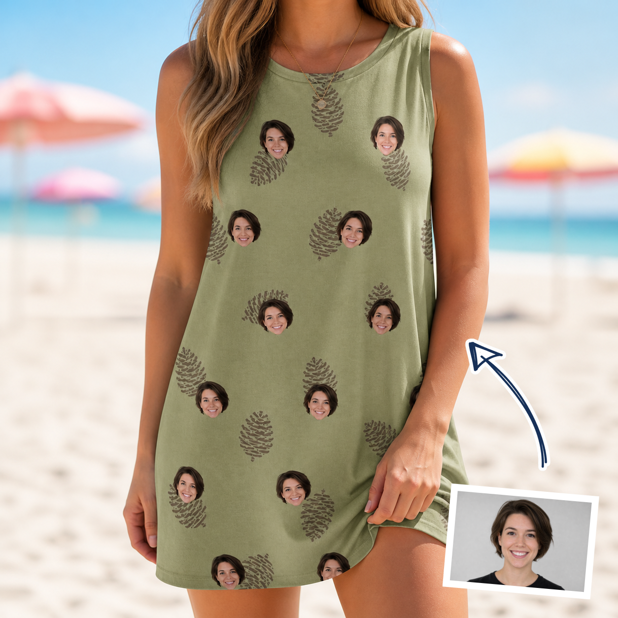 Woman wearing Women's Cone Carolers Custom Face Tank Dress — custom faces printed all-over