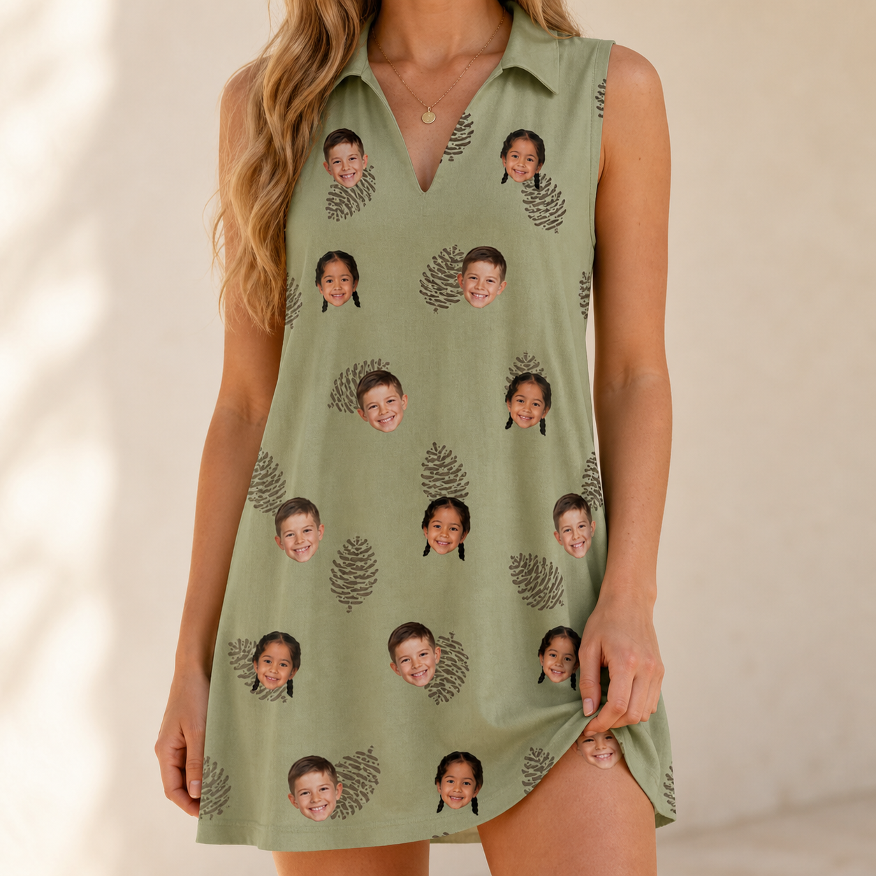 Model wearing Women's Cone Carolers Custom Face V-Neck Dress printed with kids' faces