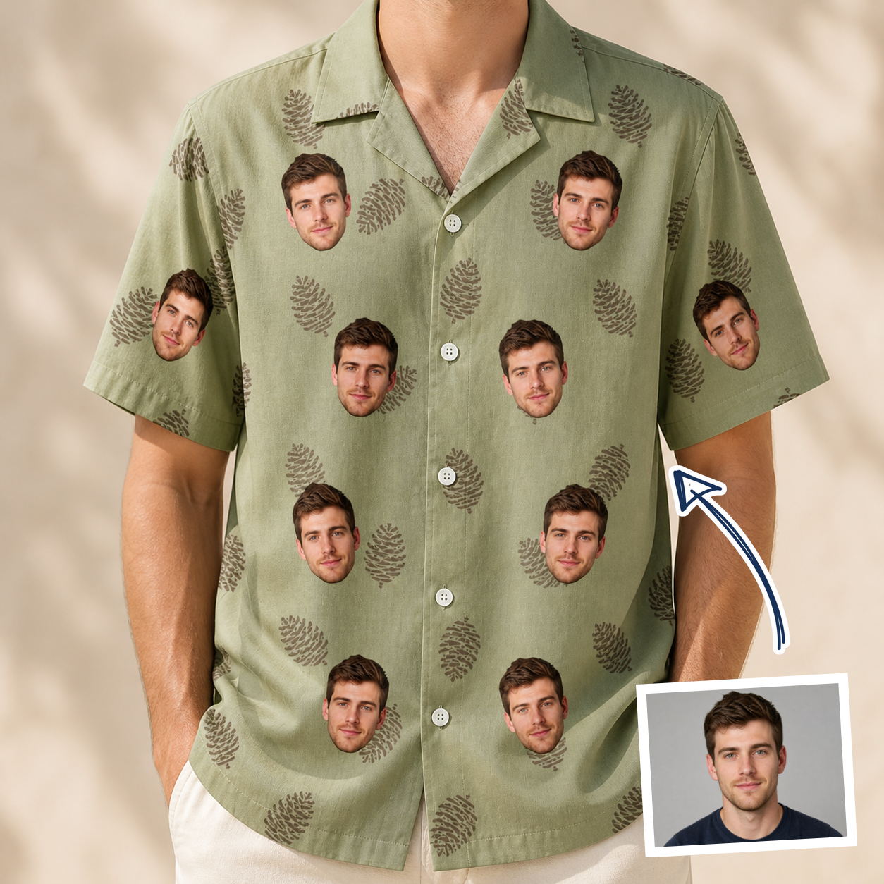 Man wearing Men's Cone Carolers Custom Face Hawaiian Shirt — custom faces printed all-over
