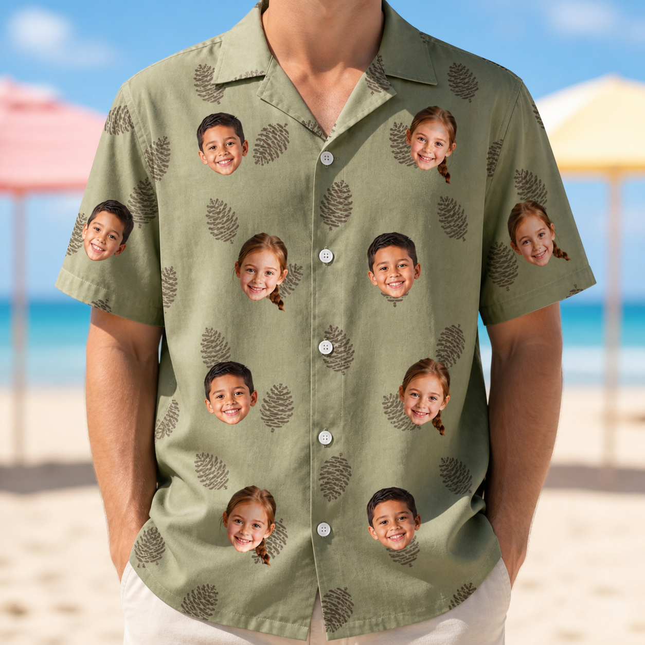 Model wearing Men's Cone Carolers Custom Face Hawaiian Shirt printed with kids' faces
