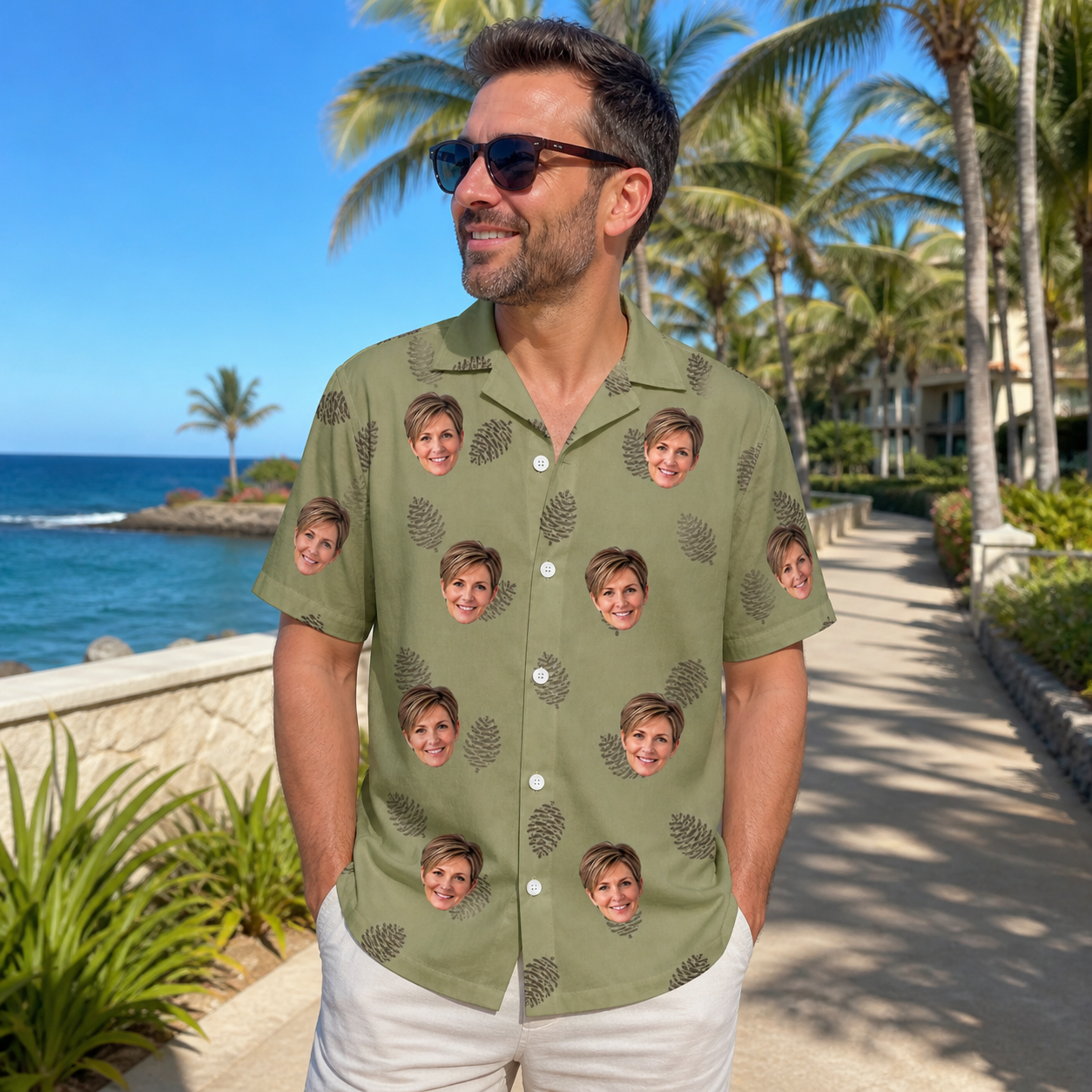 Real-life photo of someone wearing Men's Cone Carolers Custom Face Hawaiian Shirt — custom faces printed all-over